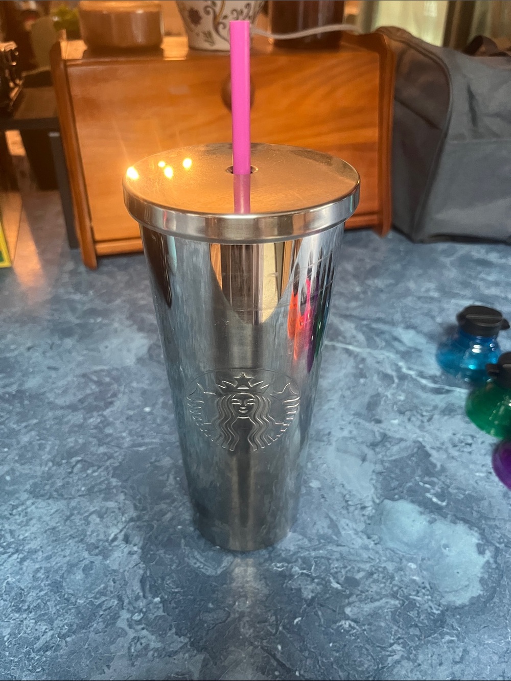 Starbucks Silver Stainless Steel Tumbler with Pink Straw